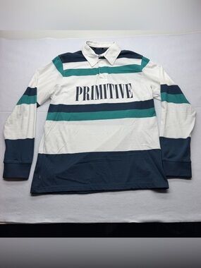 Primitive Men's Long Sleeve Rugby Shirt in White, Teal & Navy
